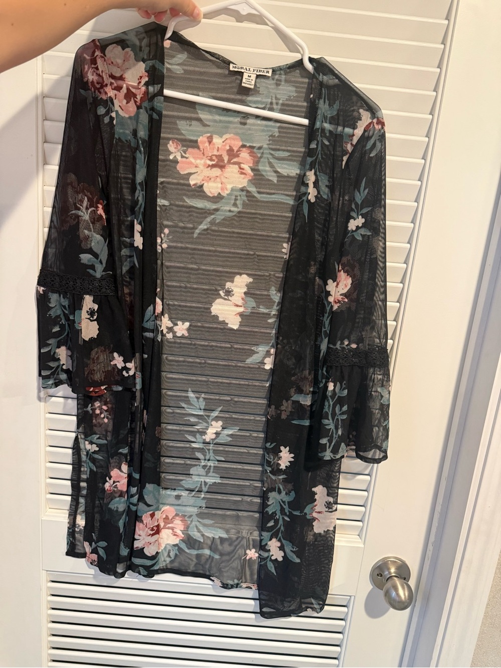 Moral Fiber Black Sheer Kimono with Blush & Teal Floral Print